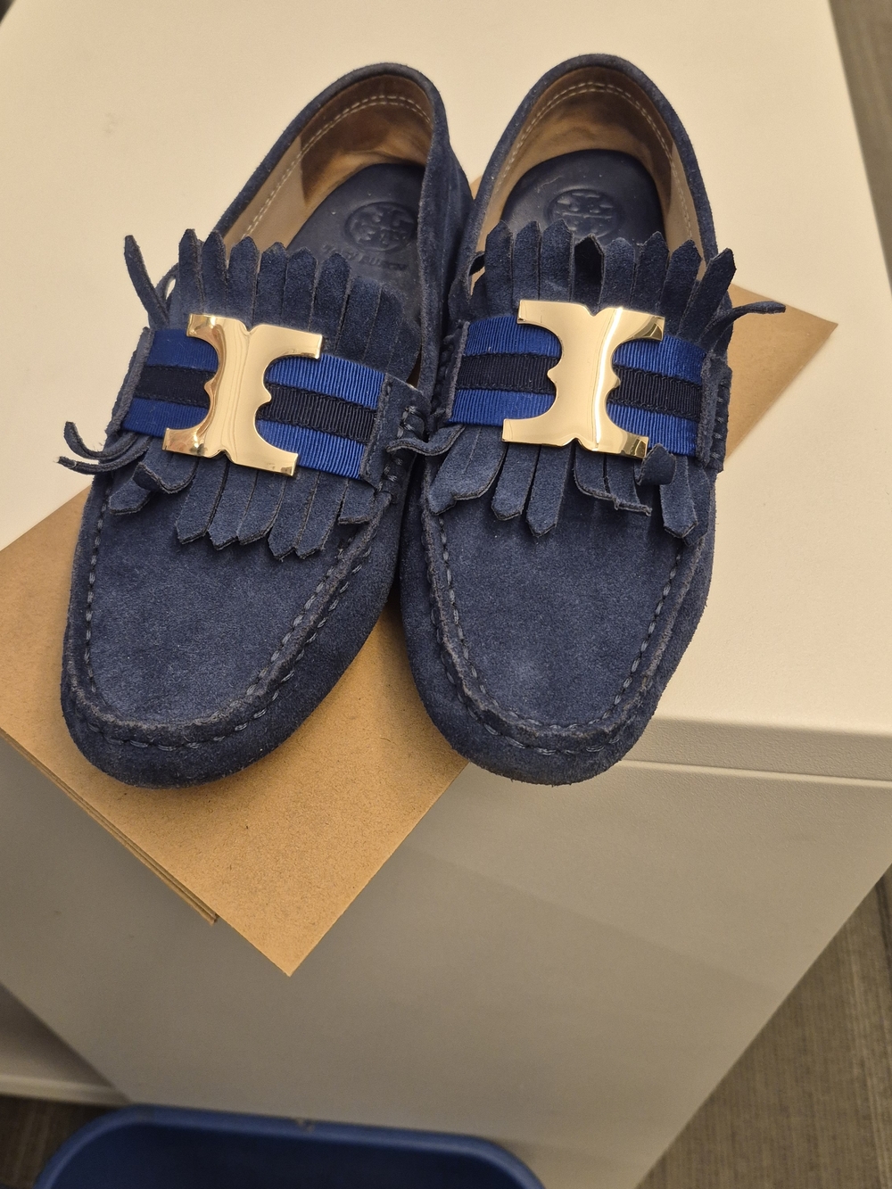 Tory Burch Navy Suede Fringe Loafers with Gold Hardware - Picture 1 of 4